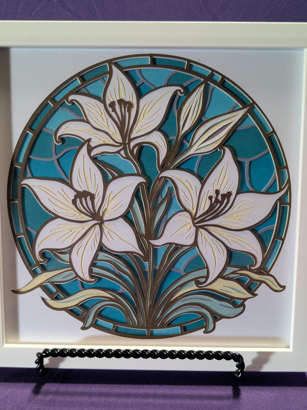 Framed White Lily Floral Layer Papercraft Wall Art in Teal